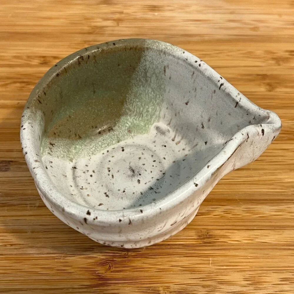 Handmade Art Pottery Bowl Freeform Pouring Bowl Brown Cream Green Speckle Spout